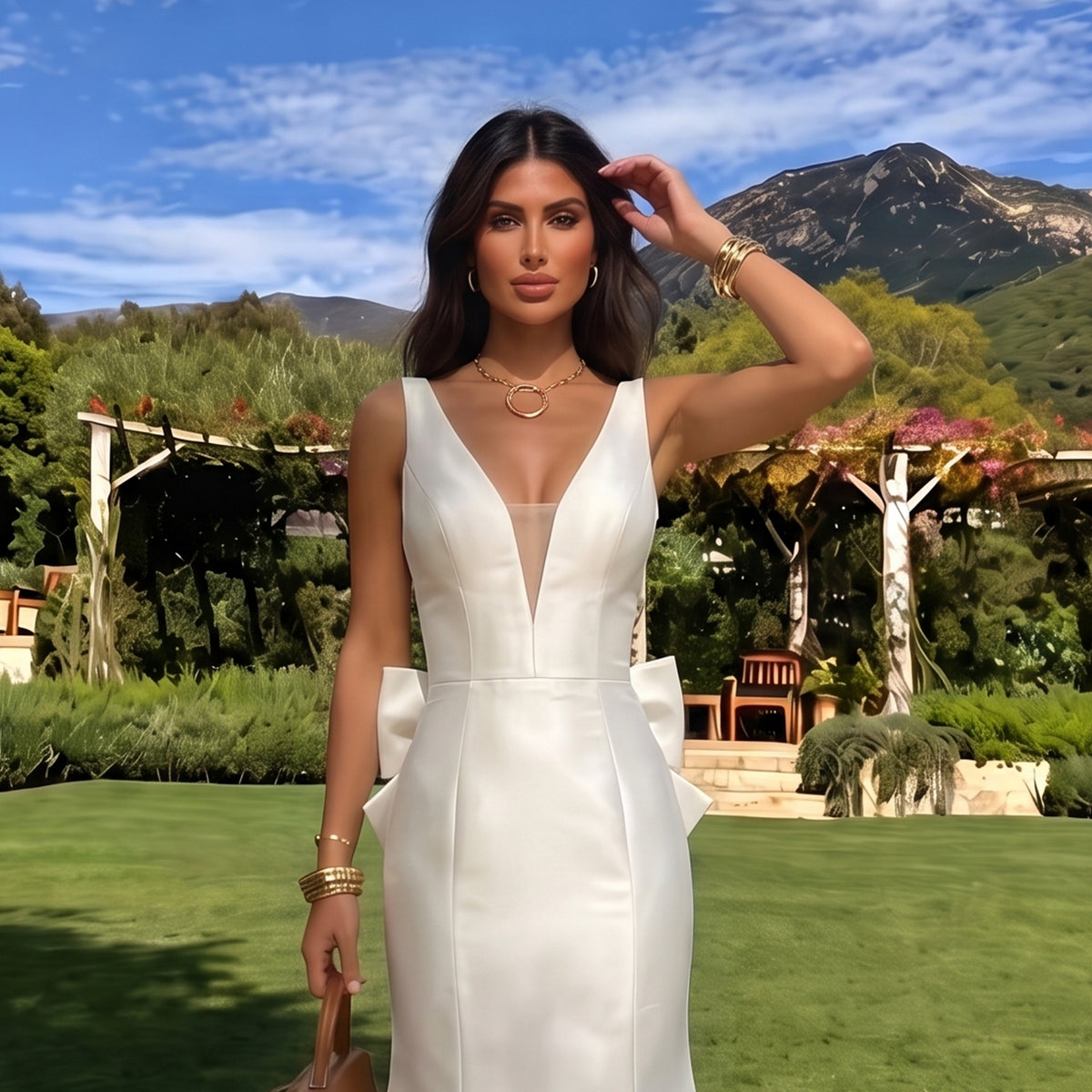 Elegant Oversized Bow V-neck Mermaid Evening Dress SF110