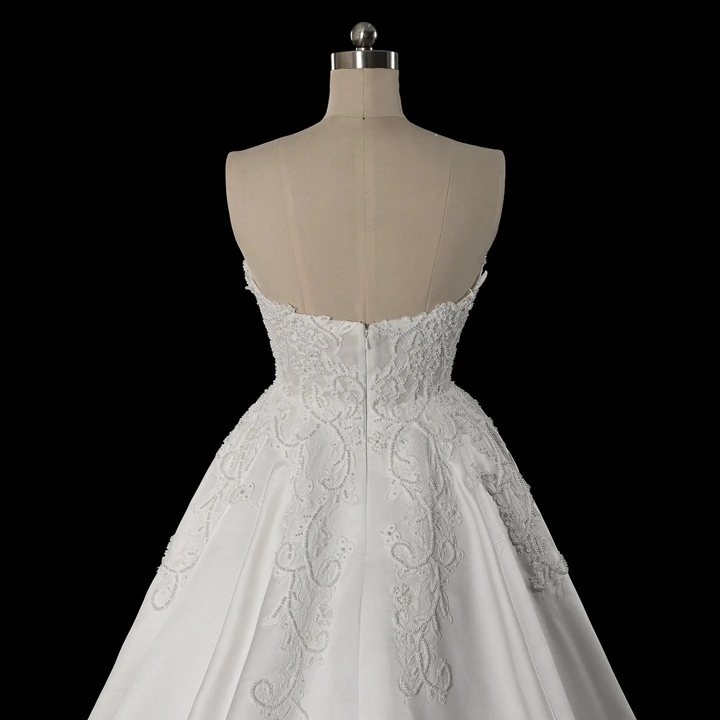 White Satin Strapless Wedding Dress Lace Appliques Sweetheart Neckline Ball Gown SW743 - White