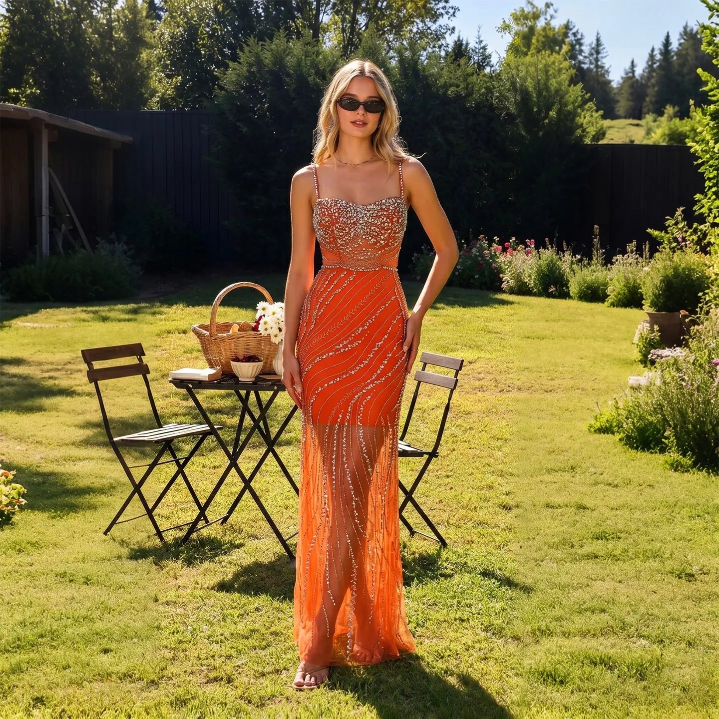 Luxury Orange Crystal Spaghetti Cocktail Party Evening Dress SS351