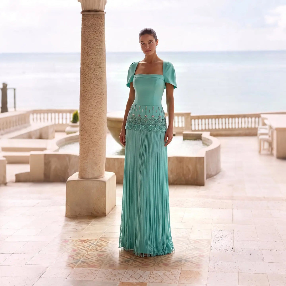 Aqua Blue Drop Waist Crystal Beaded Sheath Dress with Flowing Long Tassels SS292