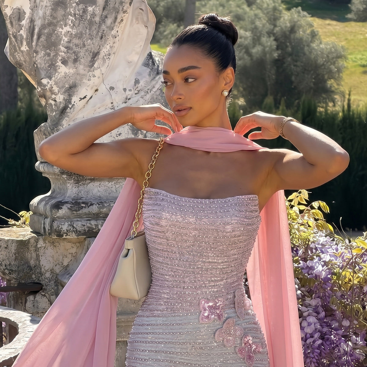 Glamorous Gradient Pink Silver Floral Sequin Mermaid Evening Dress with Scarf SS534