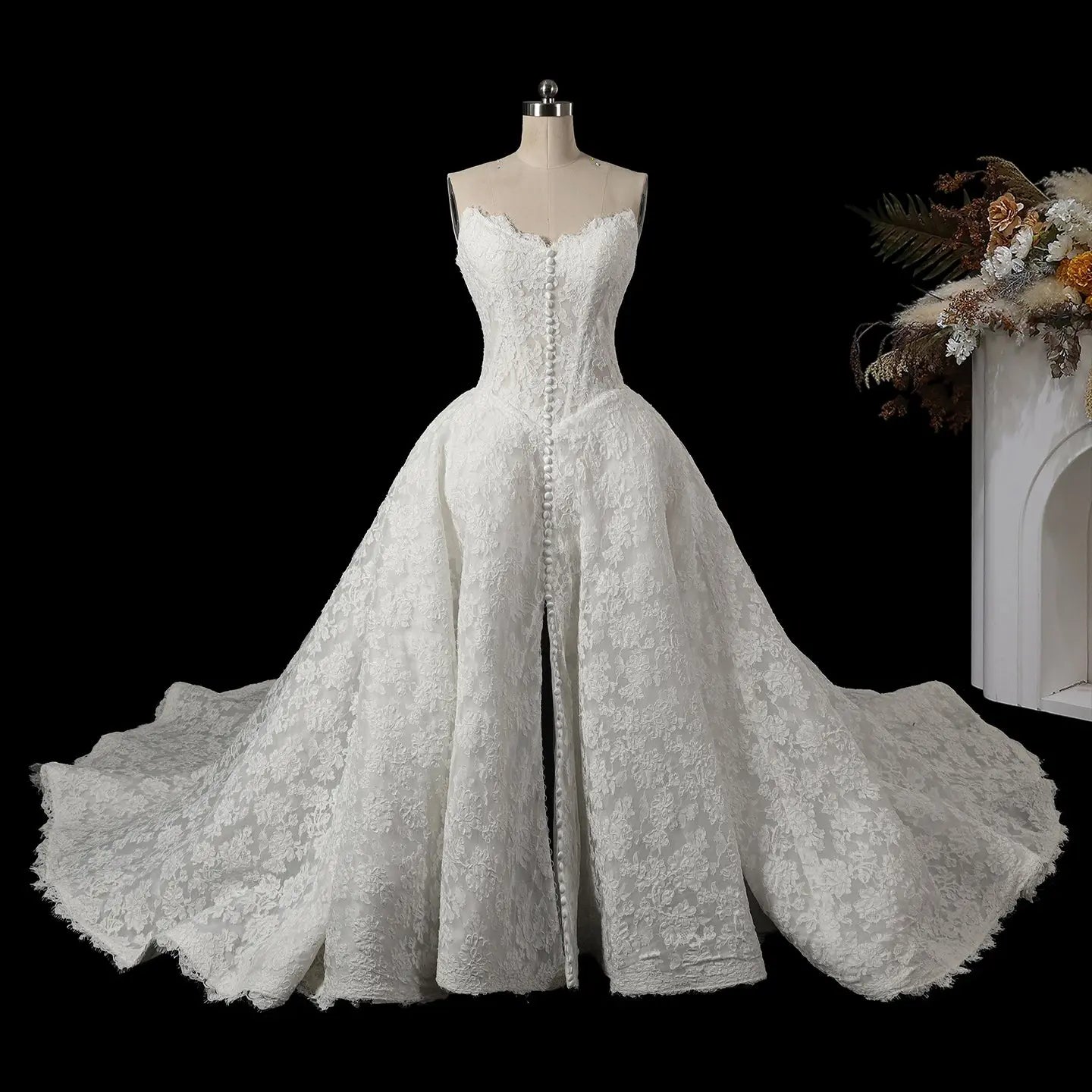 White Floral Lace Strapless Bridal Gown Sweetheart Neckline Front Button Ball Gown SW742 - White