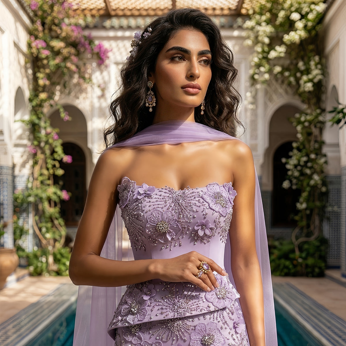 Luxury Lilac 3D Floral Applique Evening Dress with Sheer Tulle and Scarf SS415
