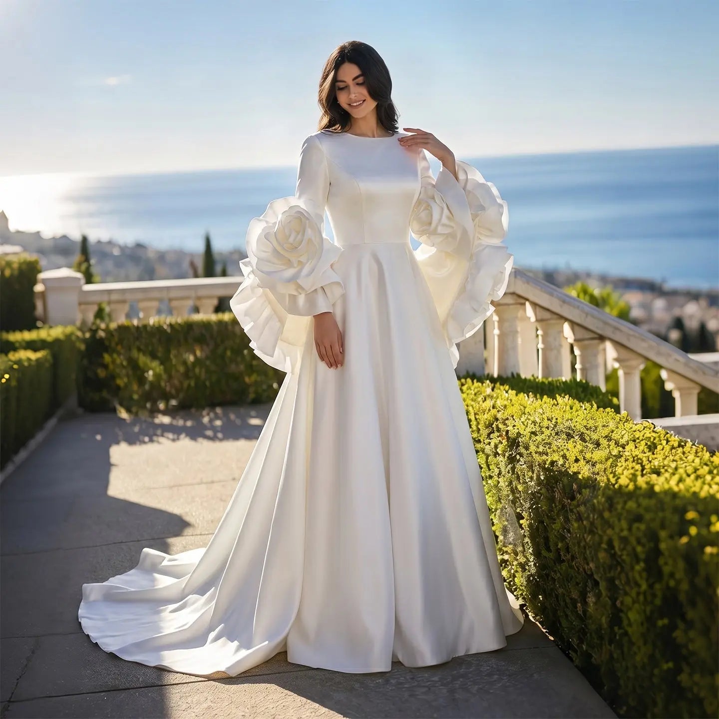 Ivory Romantic A-Line Satin Wedding Dress 3D Rose Floral With Veil SW661 - Ivory