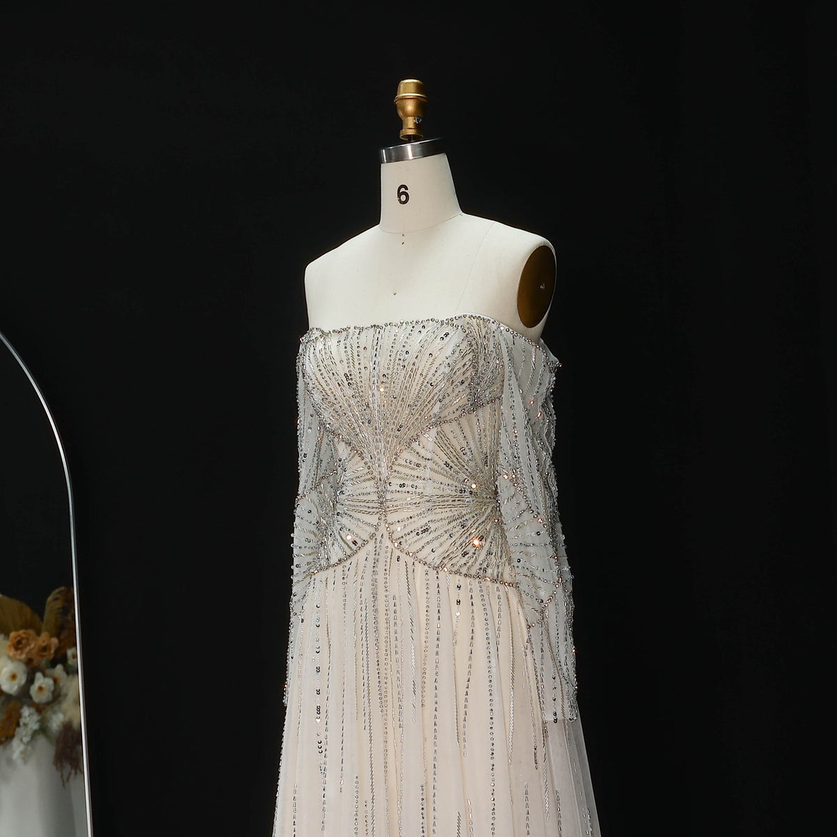 Glamorous Beige Beaded Tulle Long Sleeve Evening Dress SS507