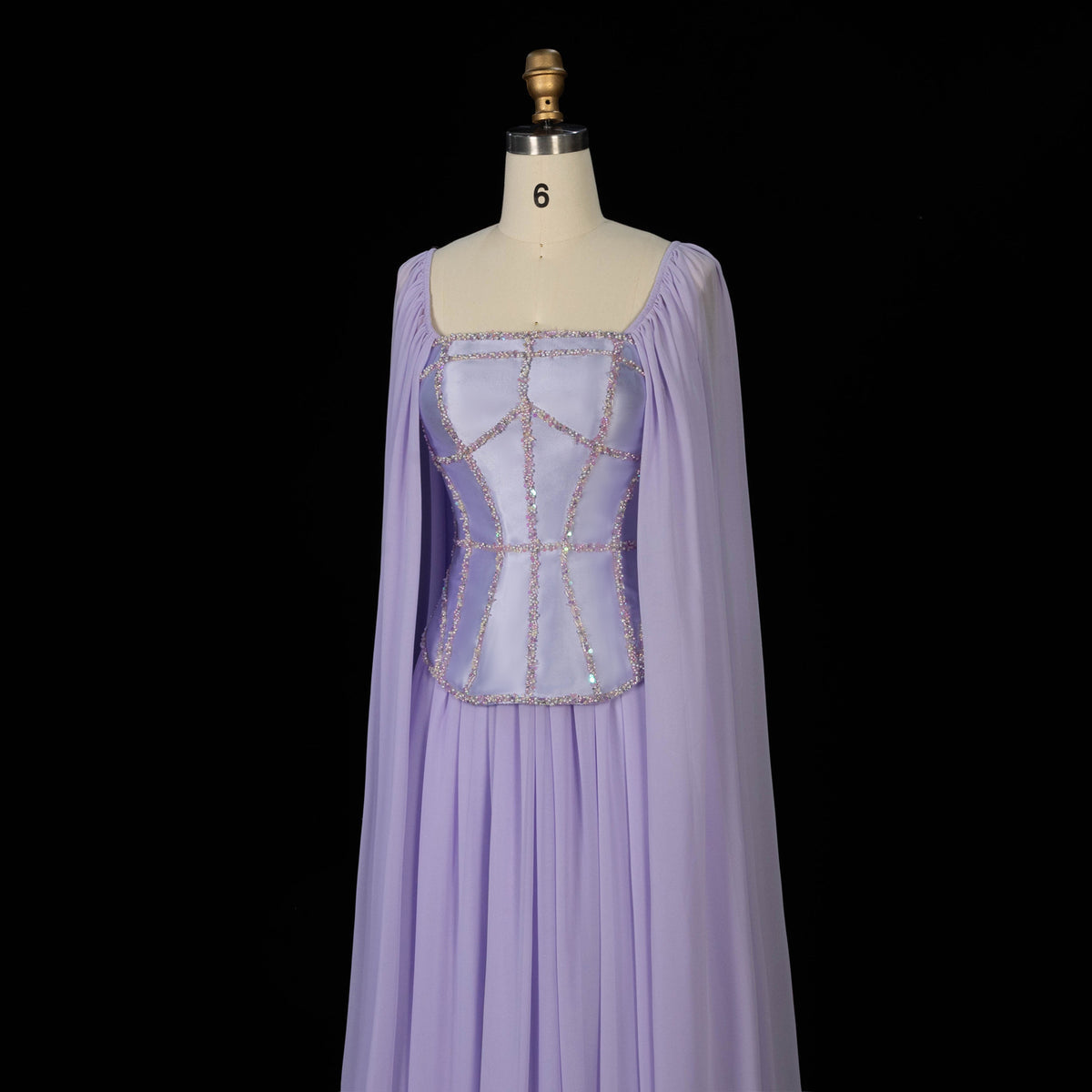 Elegant Lilac Square Neck Beaded Corset Cape Sleeve Chiffon Evening Dress SF413