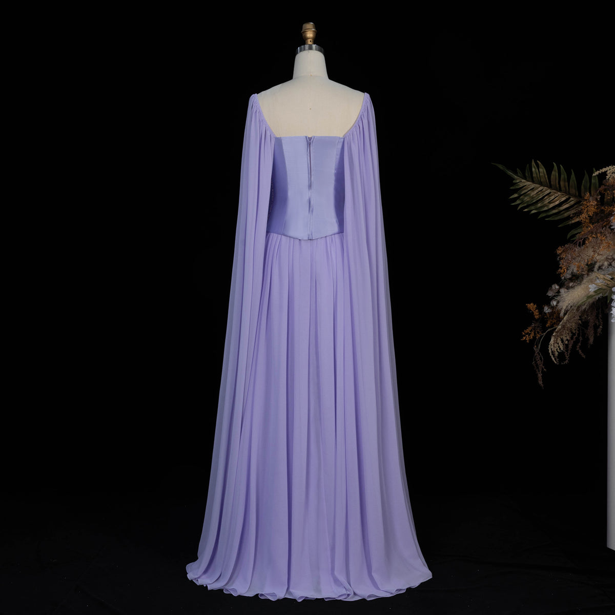 Elegant Lilac Square Neck Beaded Corset Cape Sleeve Chiffon Evening Dress SF413