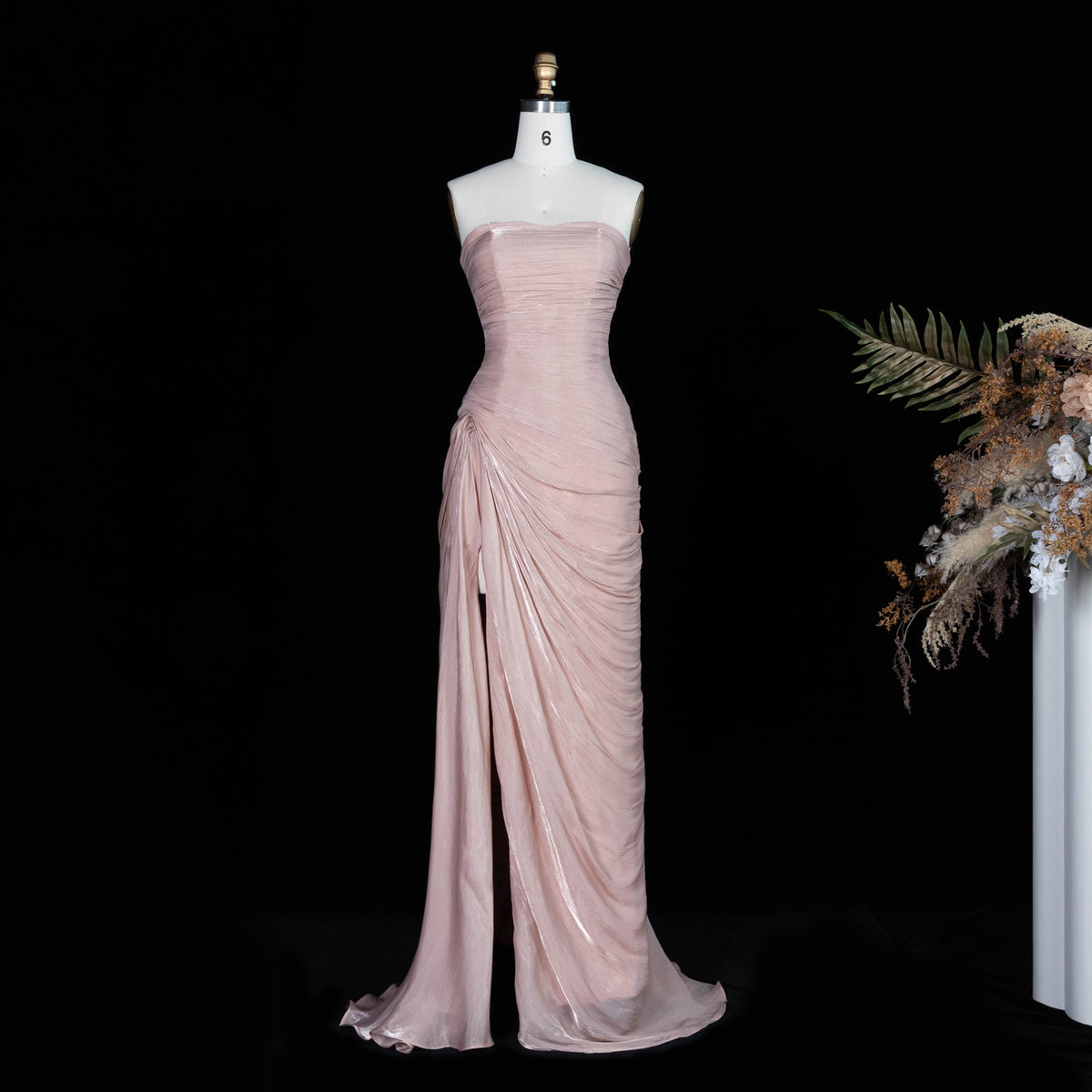 Luxury Rose Pink Strapless High Slit Evening Dress with Overskirt SF053