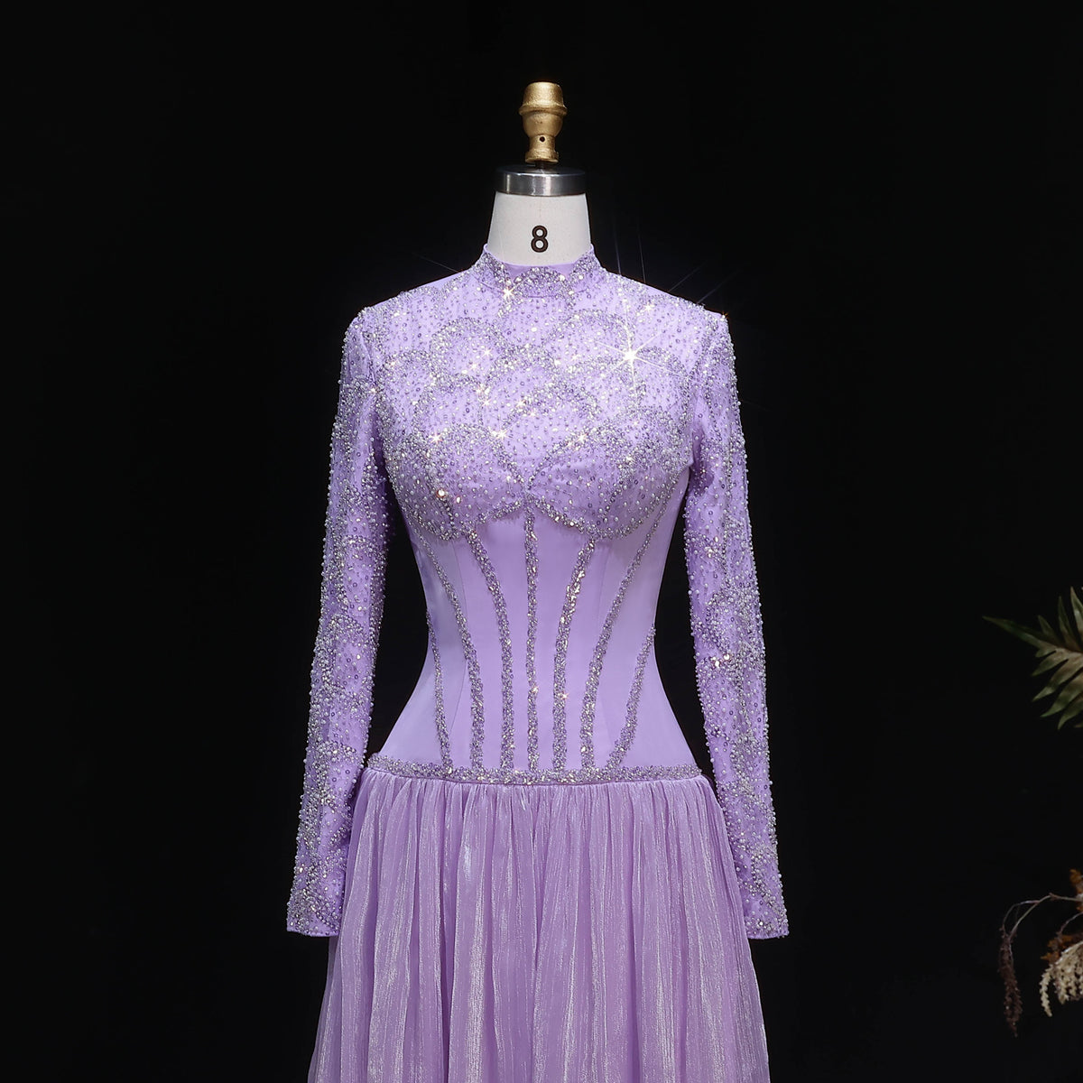 Luxury Lilac High Neck Beaded Long Sleeve Corset Evening Dress SS786