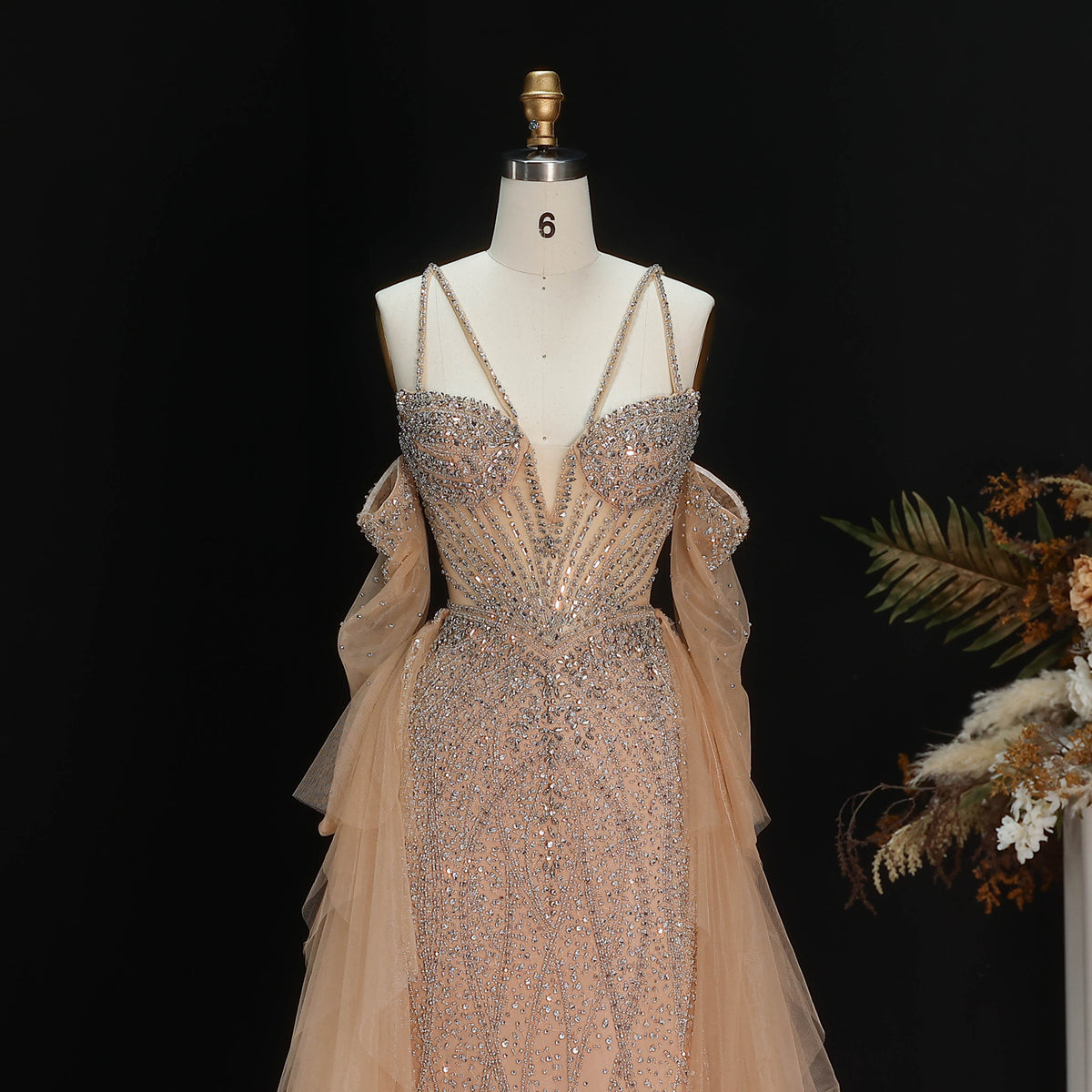 Romantic Teal Tiered Beaded Detachable Sleeves Evening Dress with Overskirt SS123