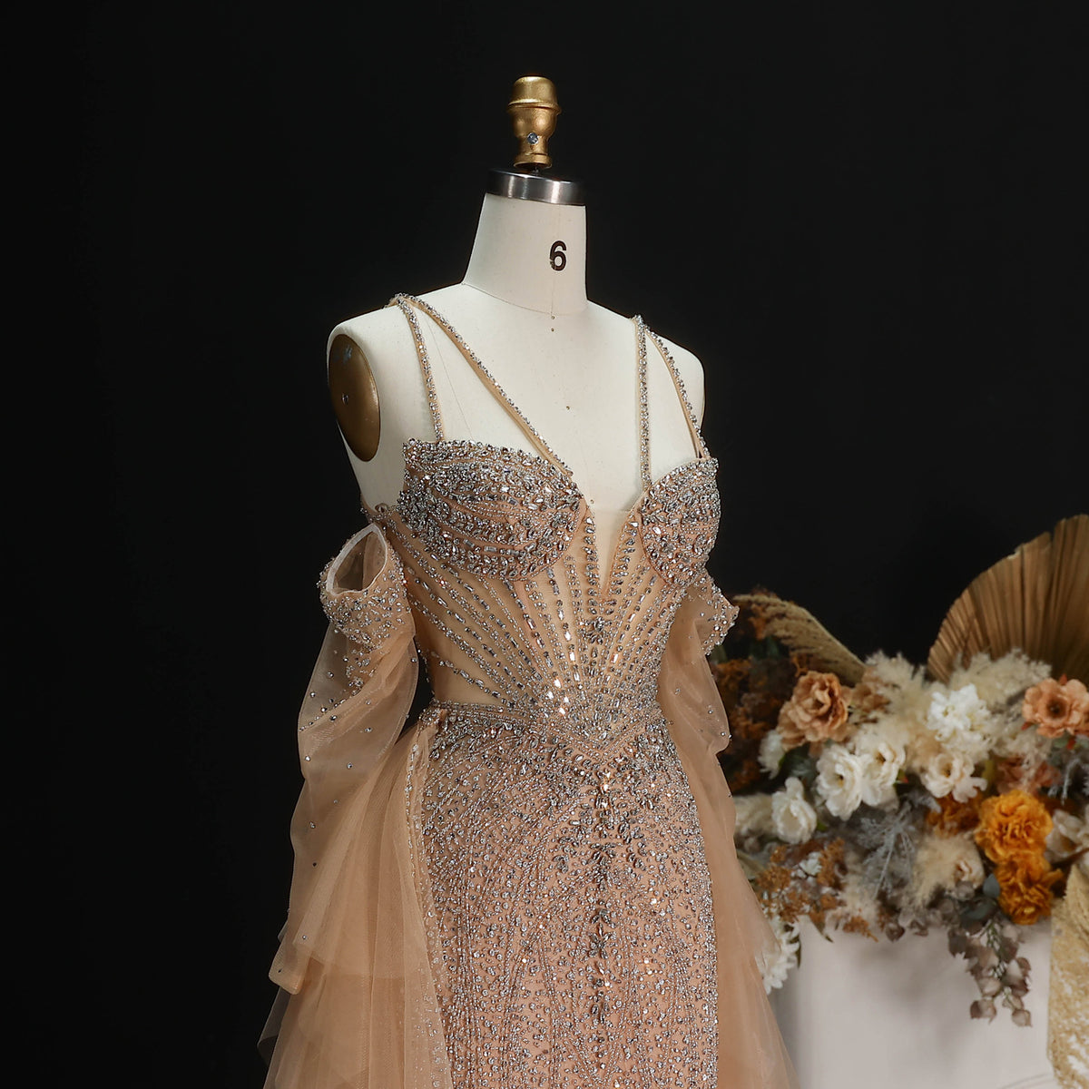 Romantic Teal Tiered Beaded Detachable Sleeves Evening Dress with Overskirt SS123
