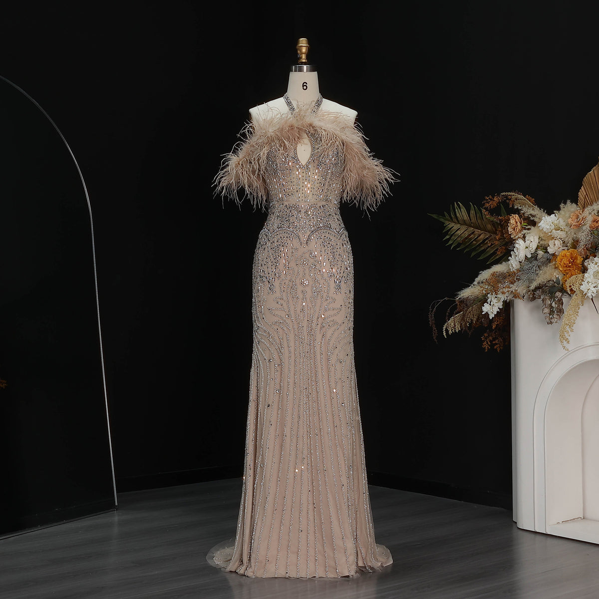 Glamorous Blush Pink Halter Neck Evening Dress with Feather Trim and All-Over Beading SS124