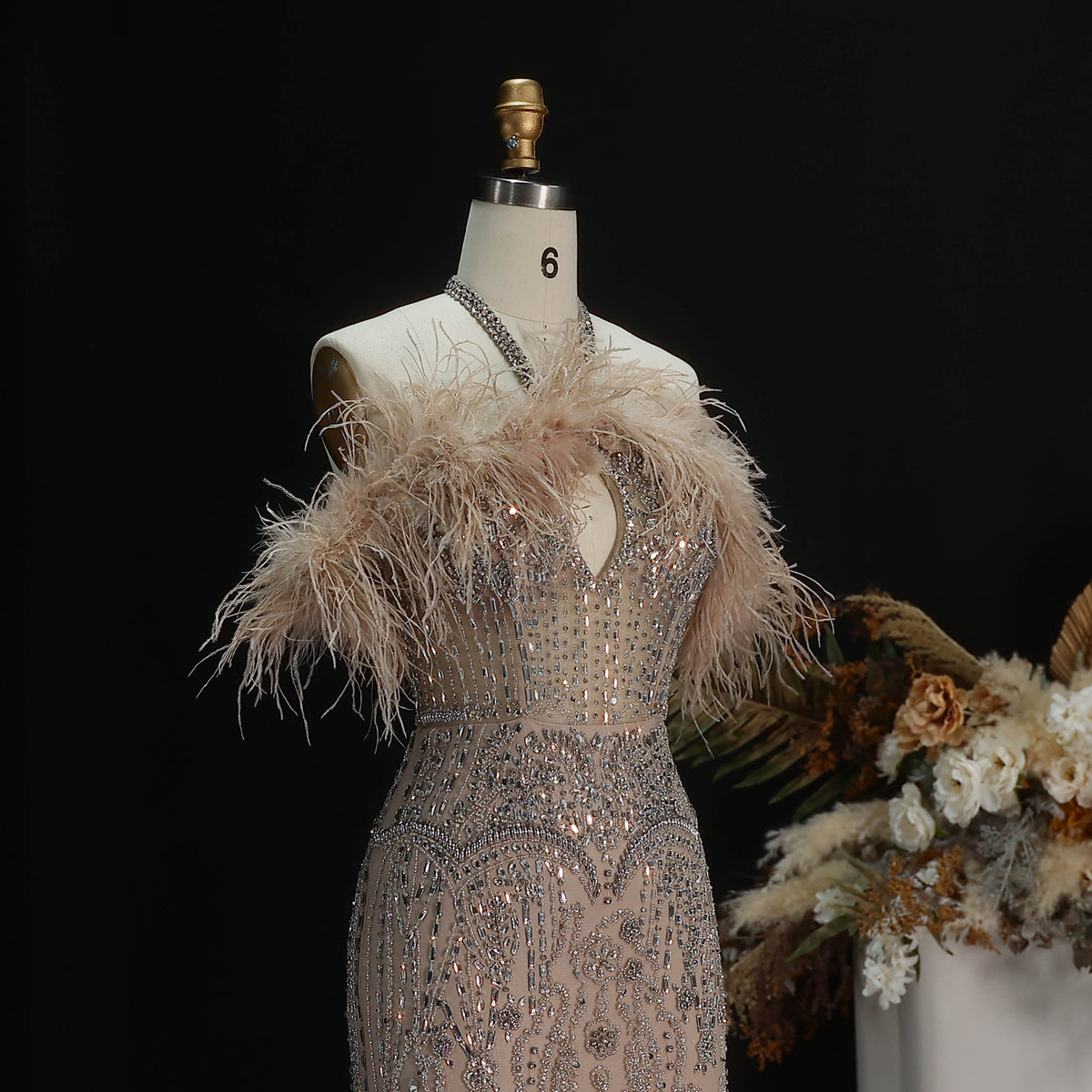 Glamorous Blush Pink Halter Neck Evening Dress with Feather Trim and All-Over Beading SS124