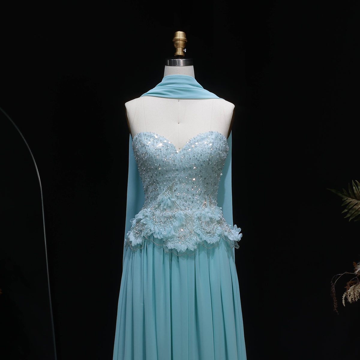 Glamorous Aqua Chiffon Evening Dress with Sparkling Bodice SS274