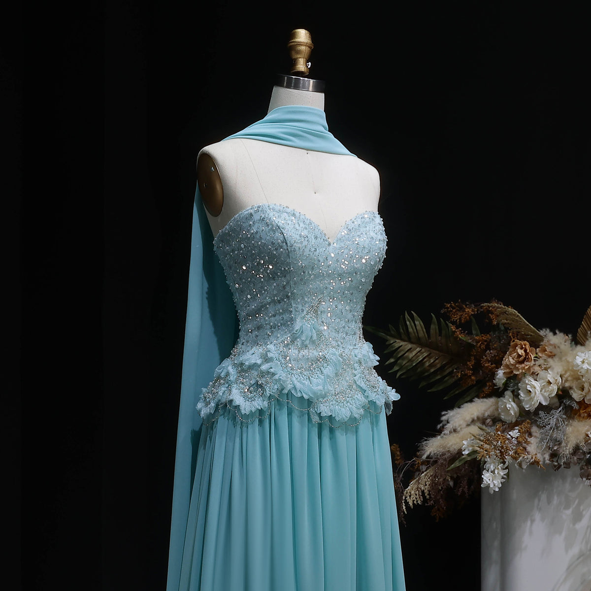Glamorous Aqua Chiffon Evening Dress with Sparkling Bodice SS274