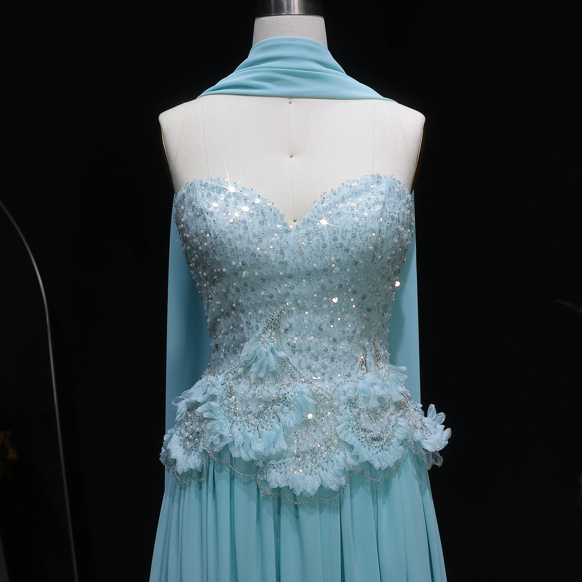 Glamorous Aqua Chiffon Evening Dress with Sparkling Bodice SS274