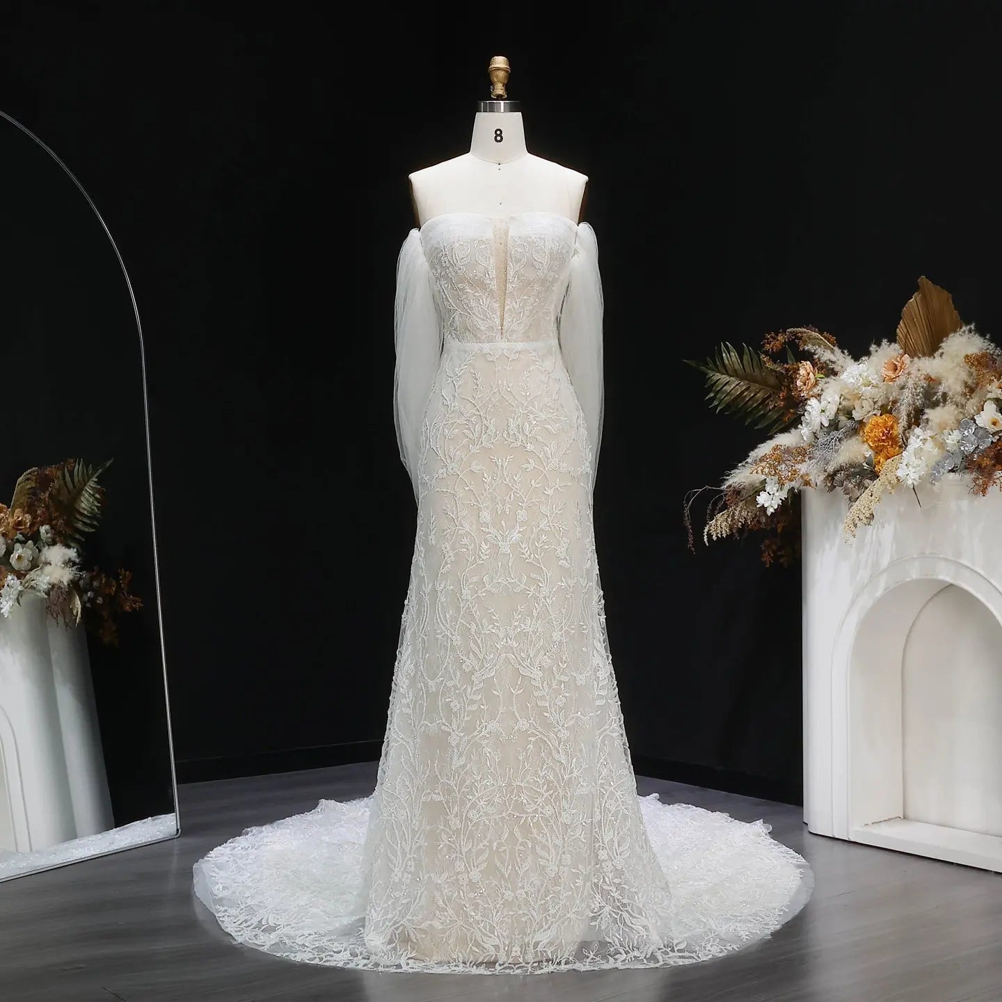 White Nude Lace Mermaid Wedding Dress Luxury Beaded Sequins Tulle Gloves SW161 - White Nude