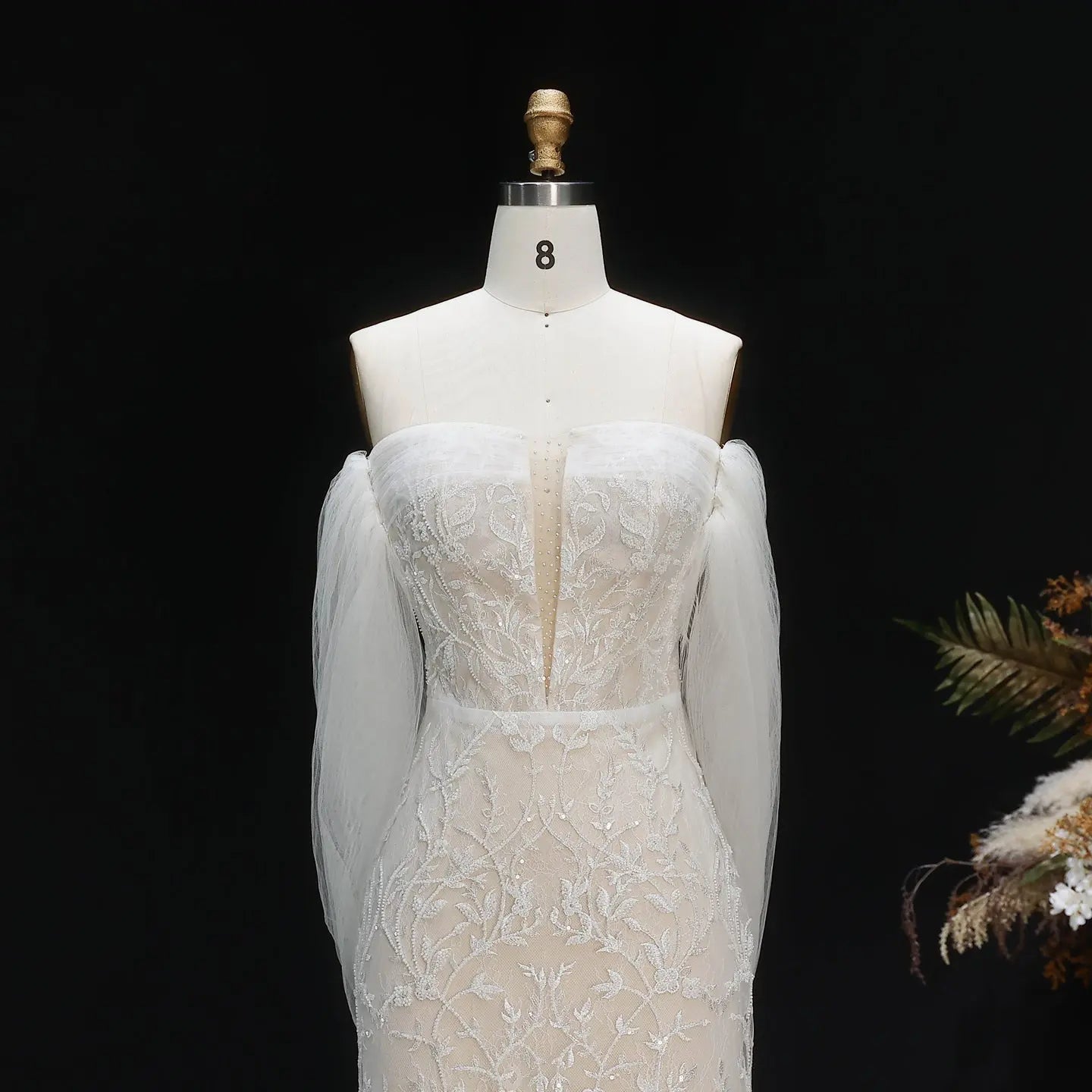 White Nude Lace Mermaid Wedding Dress Luxury Beaded Sequins Tulle Gloves SW161 - White Nude