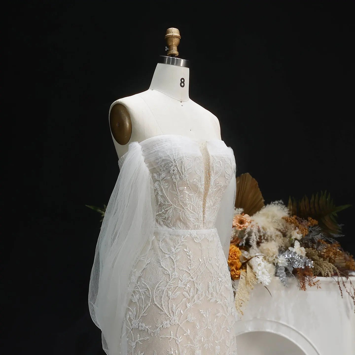 White Nude Lace Mermaid Wedding Dress Luxury Beaded Sequins Tulle Gloves SW161 - White Nude