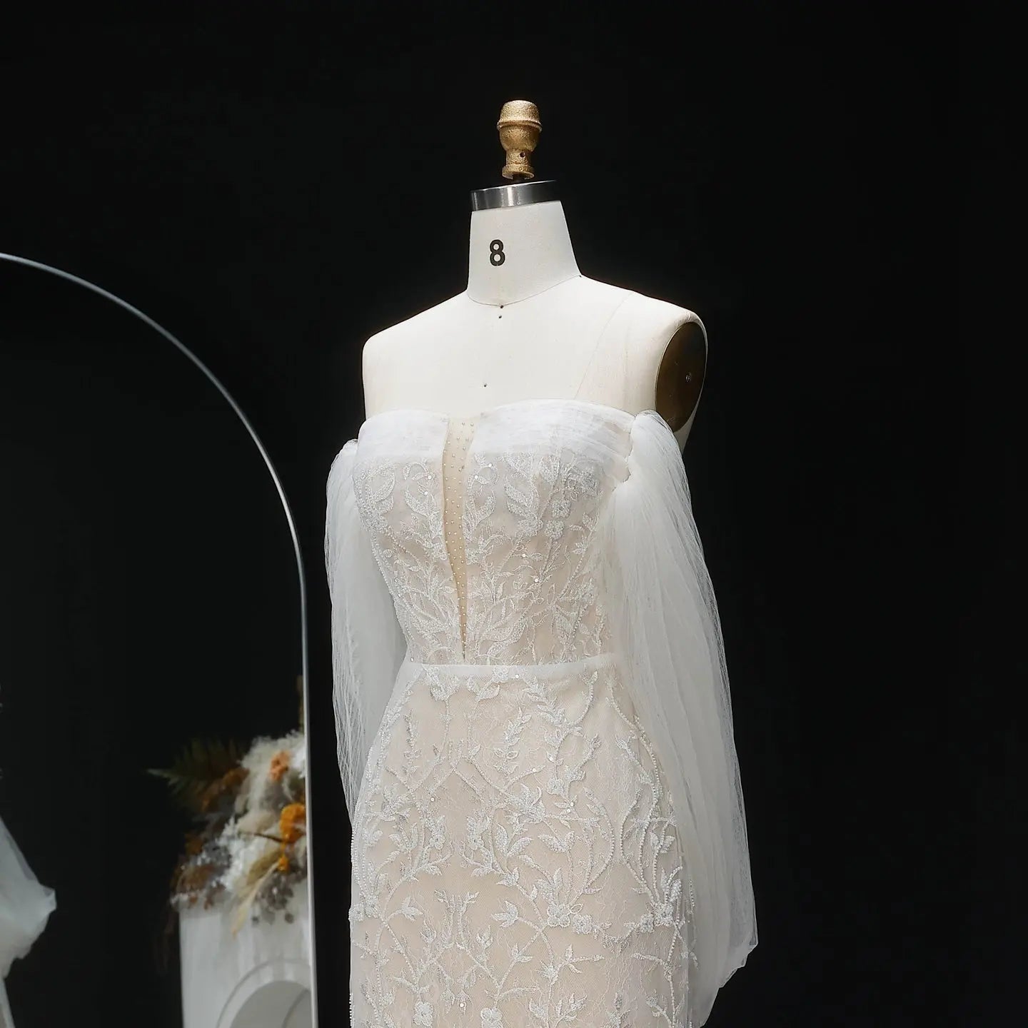 White Nude Lace Mermaid Wedding Dress Luxury Beaded Sequins Tulle Gloves SW161 - White Nude