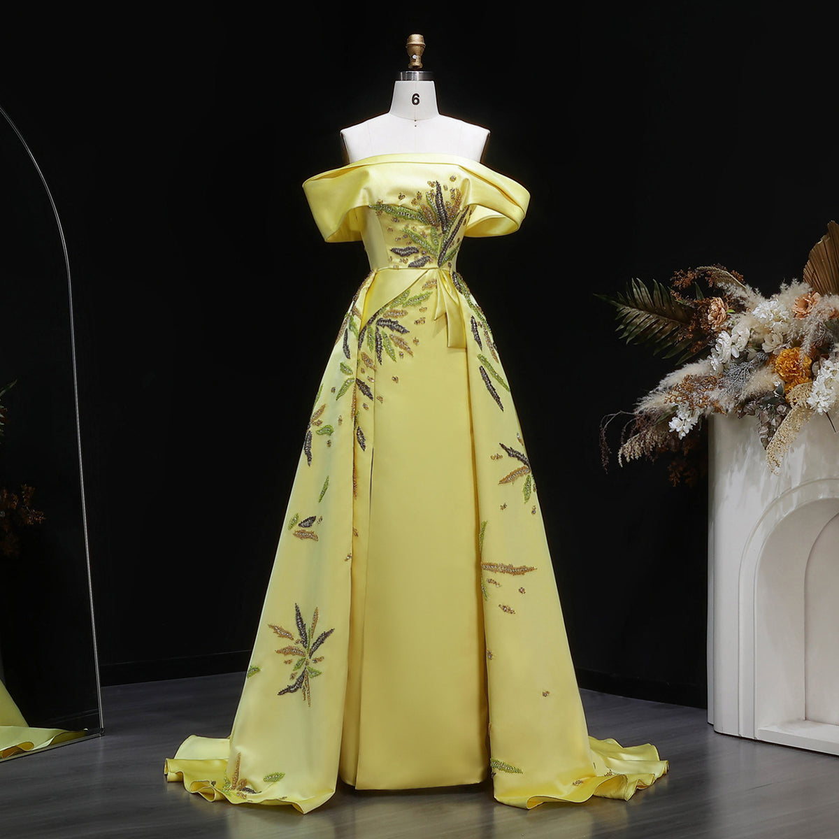Elegant Yellow Crystal Embroidery Satin Evening Dress with Overskirt SS447