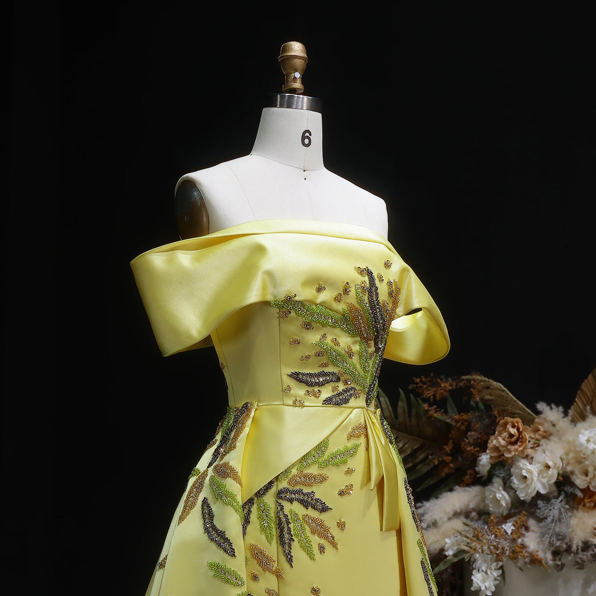 Elegant Yellow Crystal Embroidery Satin Evening Dress with Overskirt SS447