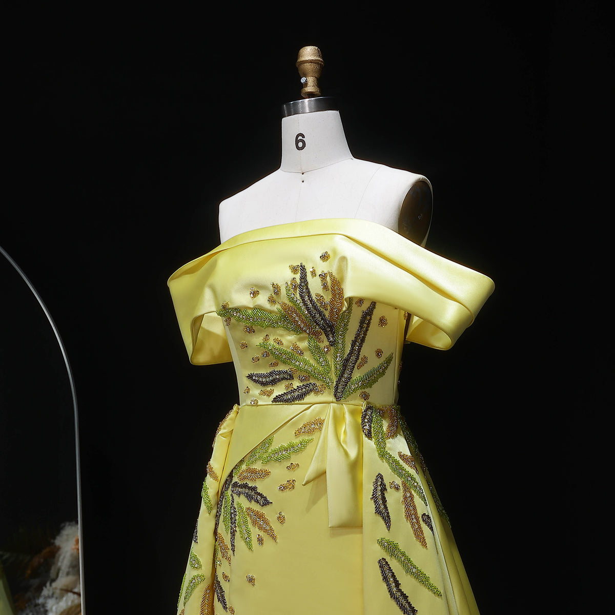 Elegant Yellow Crystal Embroidery Satin Evening Dress with Overskirt SS447