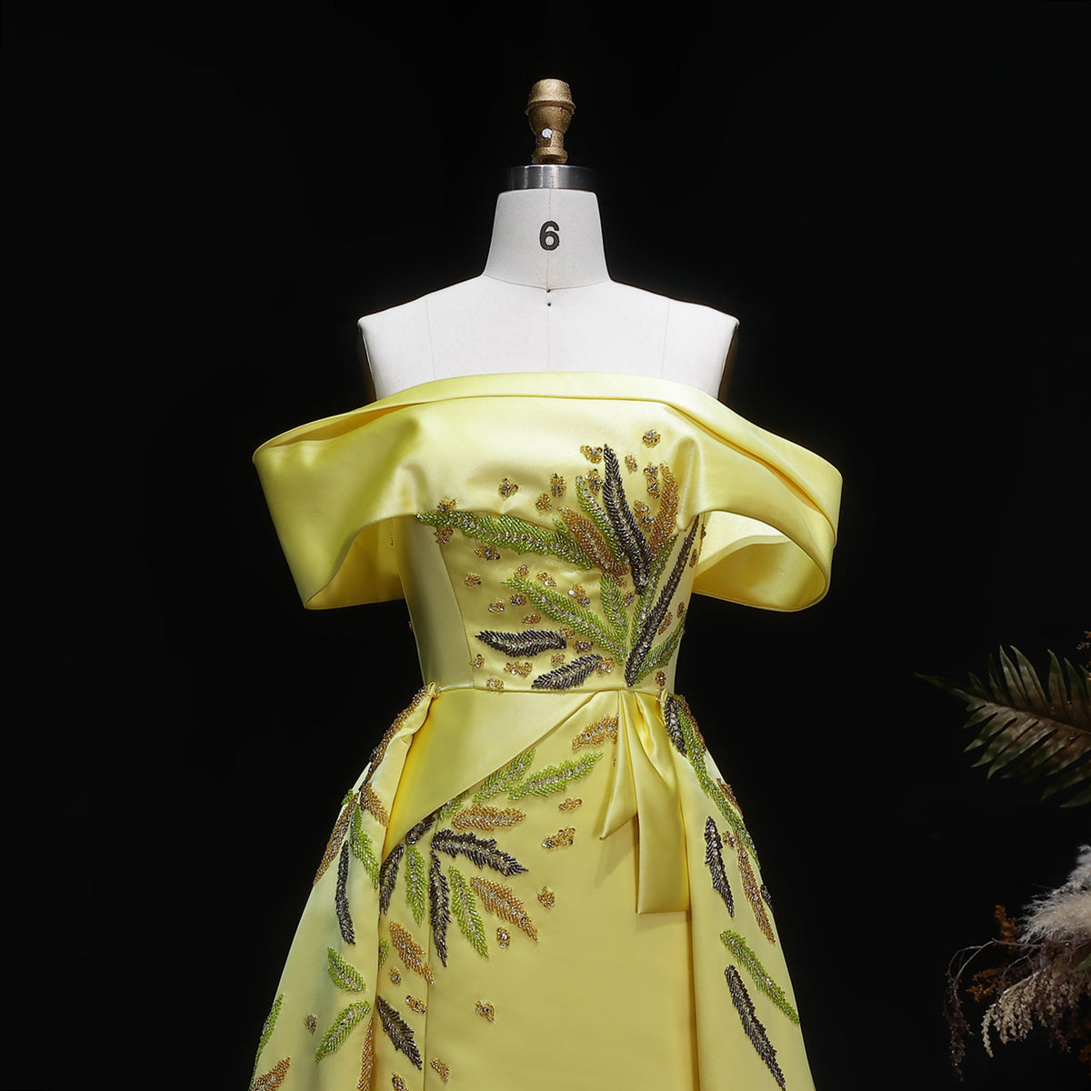 Elegant Yellow Crystal Embroidery Satin Evening Dress with Overskirt SS447