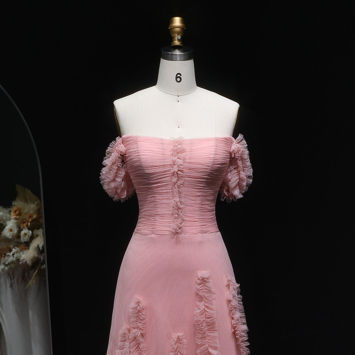 Luxury Pink Allover Frill Mesh Off Shoulder Train Evening Dress SF277