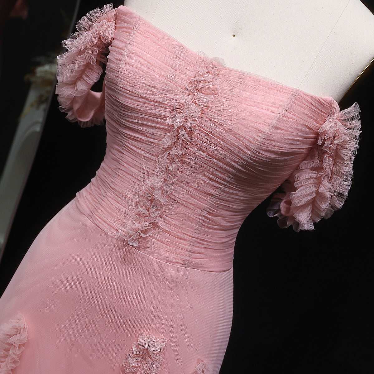 Luxury Pink Allover Frill Mesh Off Shoulder Train Evening Dress SF277