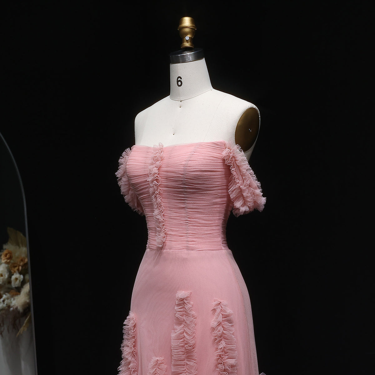 Luxury Pink Allover Frill Mesh Off Shoulder Train Evening Dress SF277