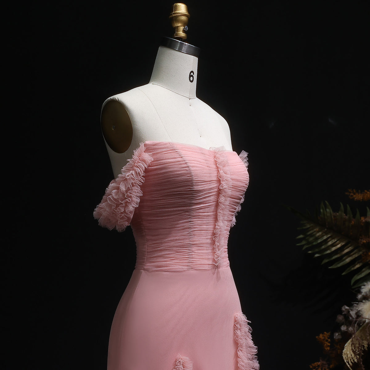 Luxury Pink Allover Frill Mesh Off Shoulder Train Evening Dress SF277