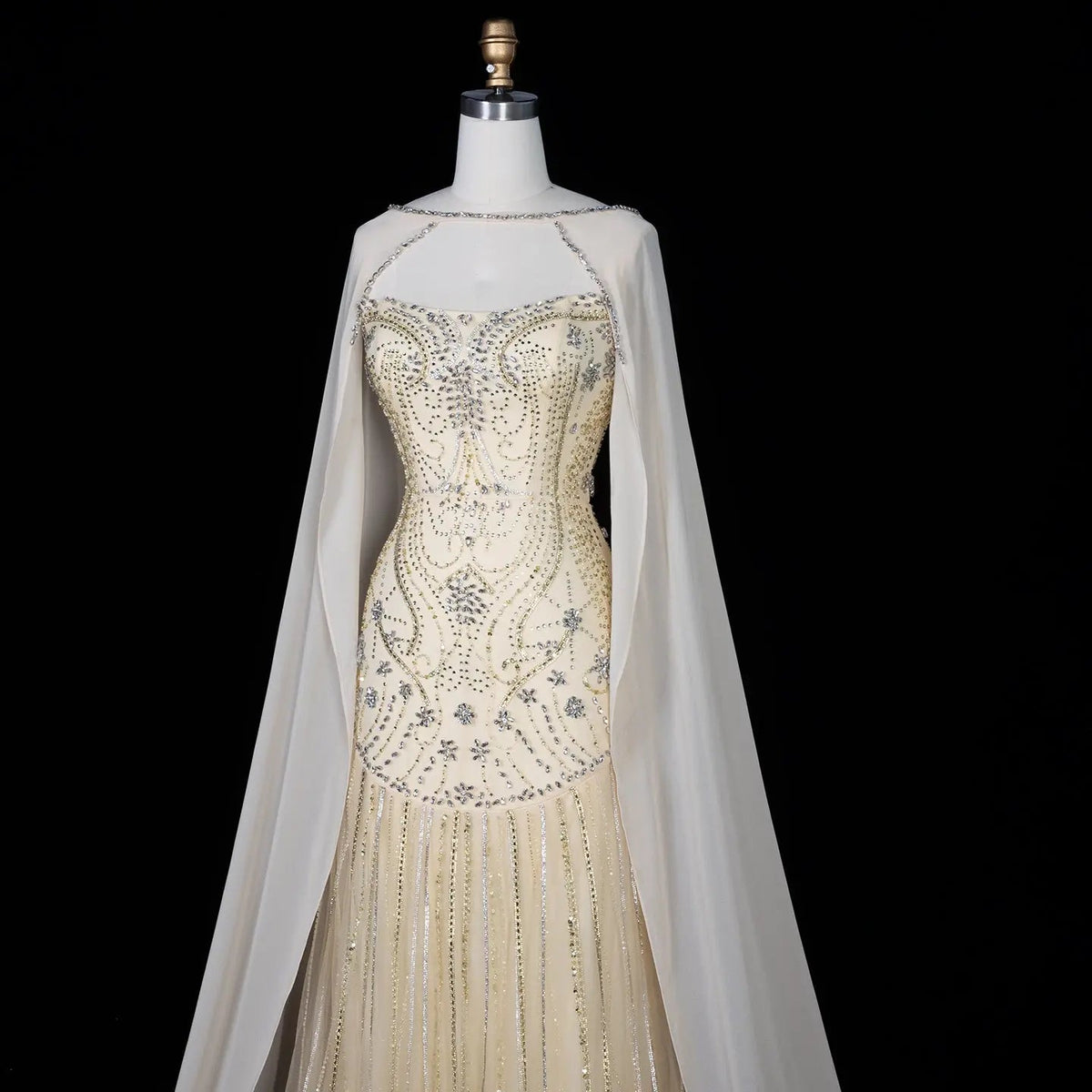 Yellow Rhinestone Cape Sleeve Mermaid Long Evening DressSS526