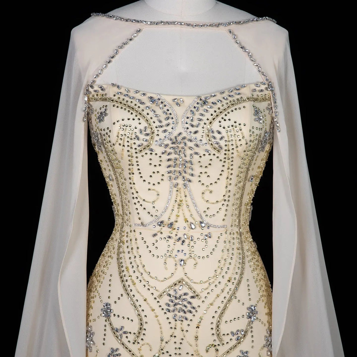 Yellow Rhinestone Cape Sleeve Mermaid Long Evening DressSS526