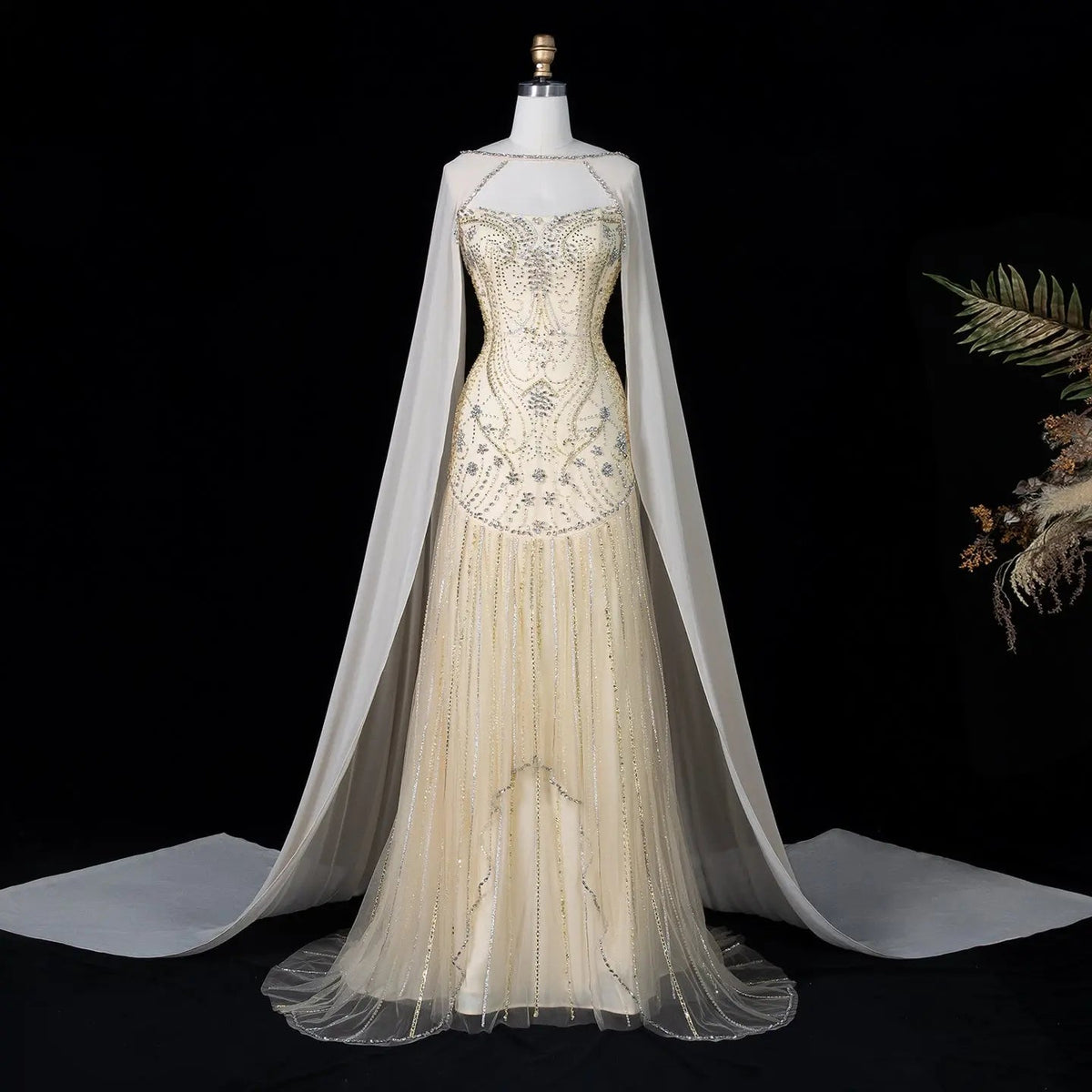Yellow Rhinestone Cape Sleeve Mermaid Long Evening DressSS526