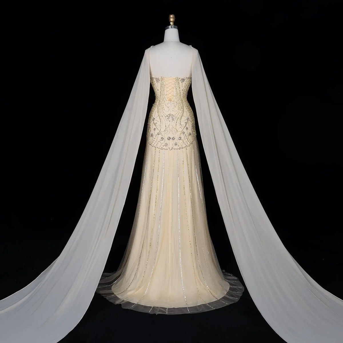 Yellow Rhinestone Cape Sleeve Mermaid Long Evening DressSS526