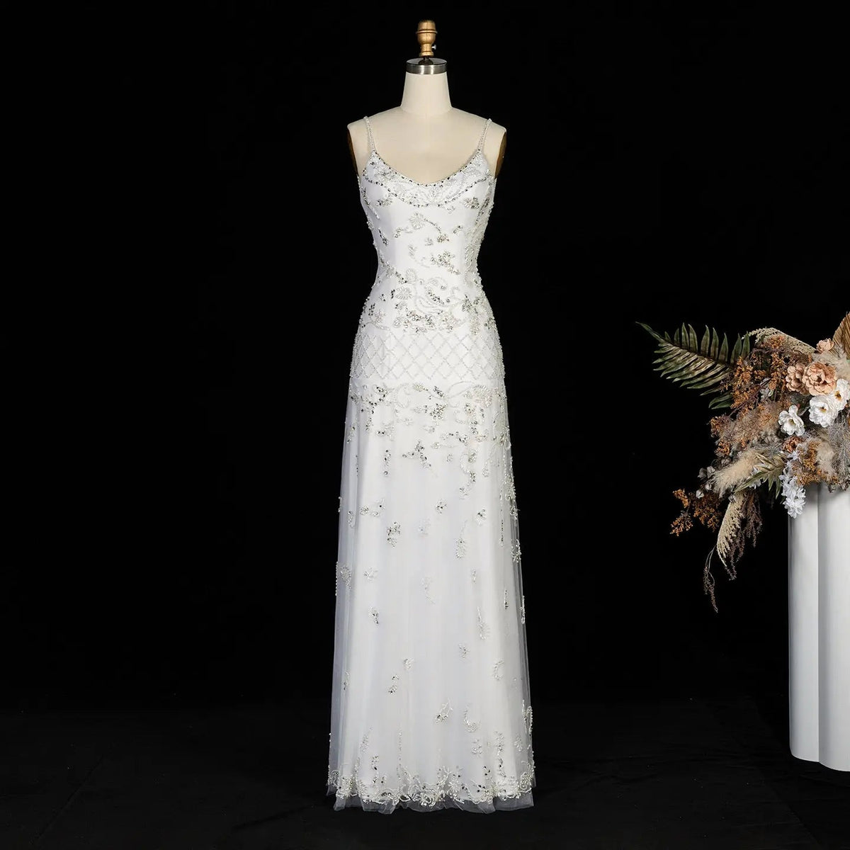 White Spaghetti Strap Beaded Rhinestone Backless Long Evening Dress SS576