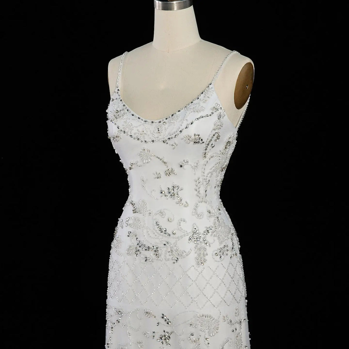White Spaghetti Strap Beaded Rhinestone Backless Long Evening Dress SS576
