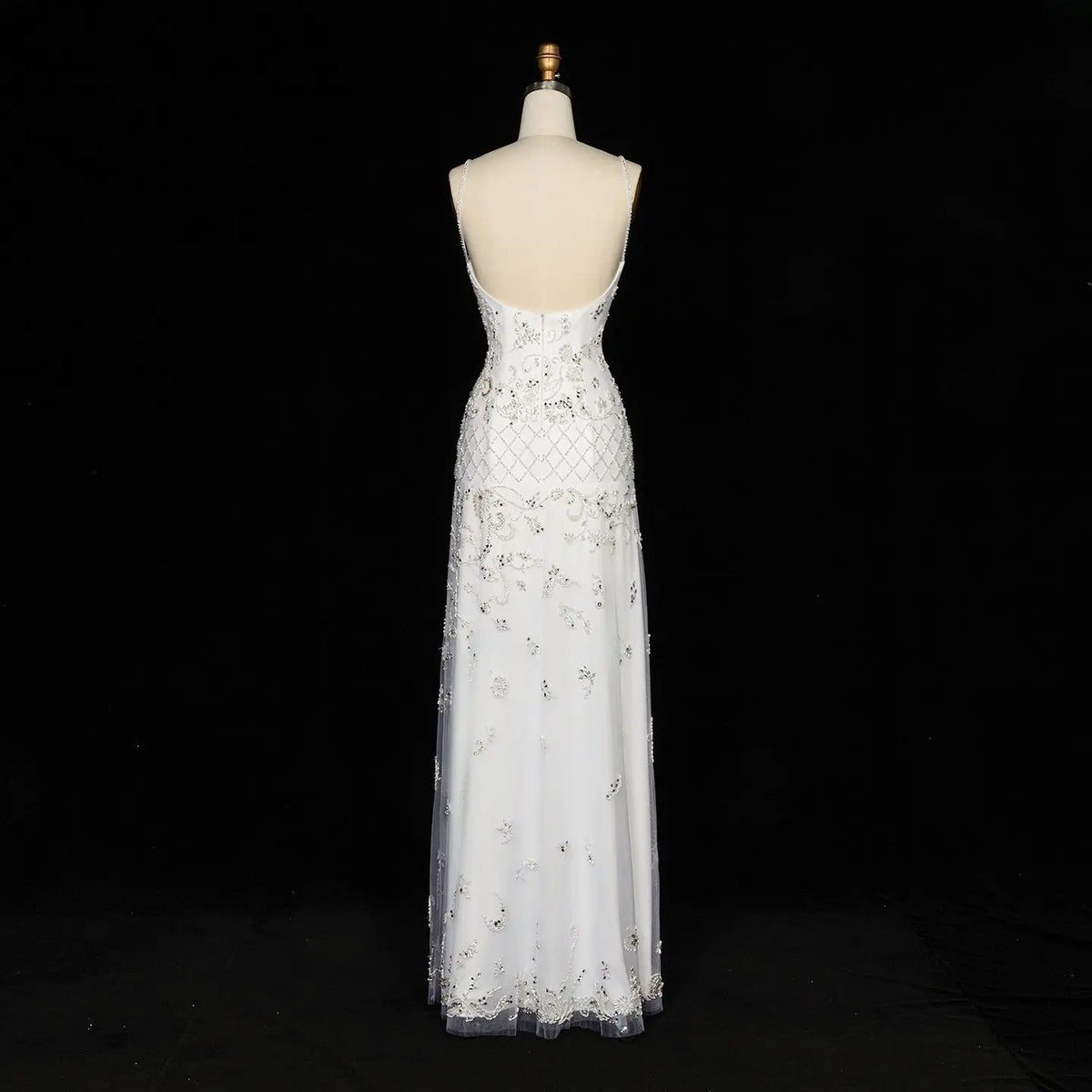 White Spaghetti Strap Beaded Rhinestone Backless Long Evening Dress SS576