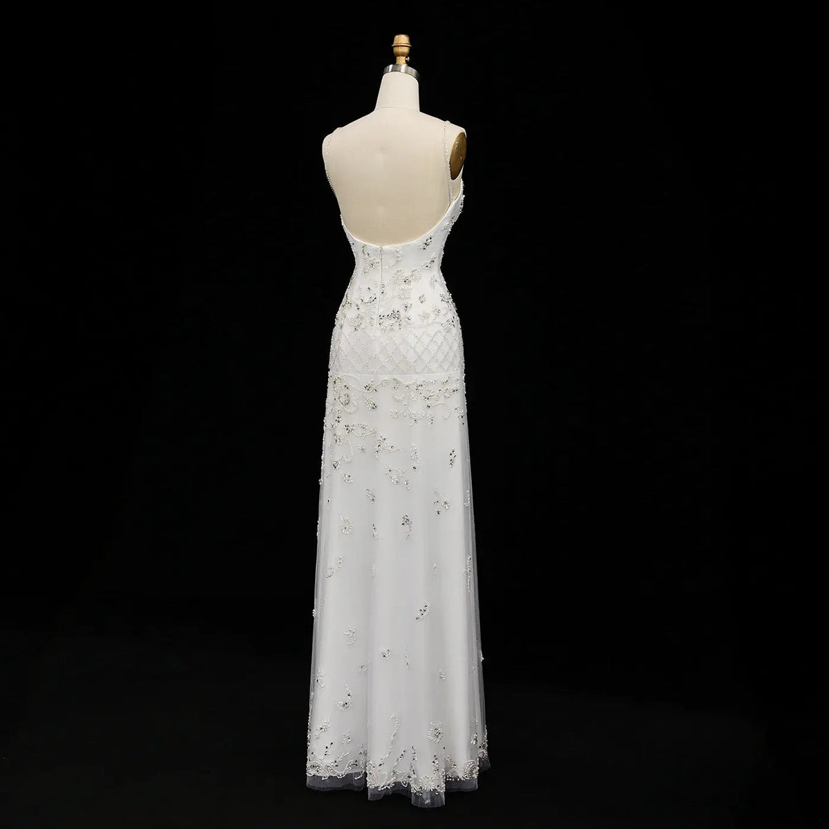 White Spaghetti Strap Beaded Rhinestone Backless Long Evening Dress SS576