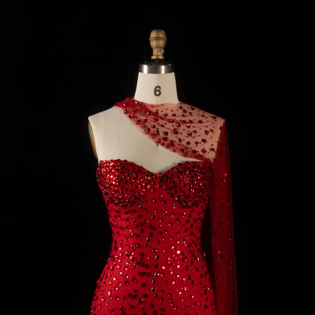 Luxury Red Sheer Mesh Crystal Beaded Mermaid Evening Dress with Cape SS711