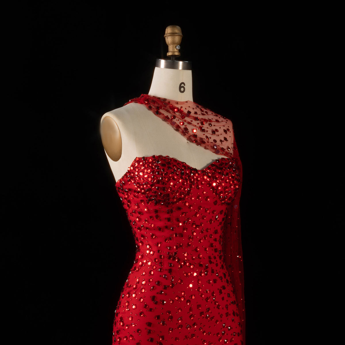 Luxury Red Sheer Mesh Crystal Beaded Mermaid Evening Dress with Cape SS711