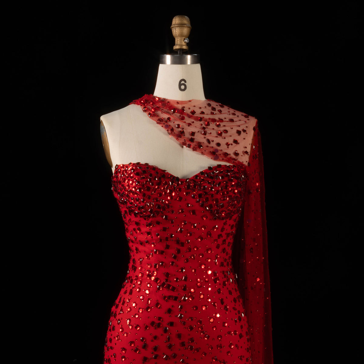 Luxury Red Sheer Mesh Crystal Beaded Mermaid Evening Dress with Cape SS711