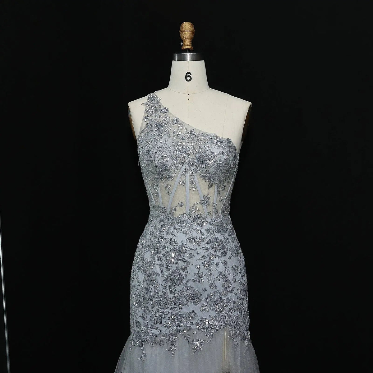 Luxury Gray One-Shoulder Beaded Tiered High-Slit Prom Dress SH152