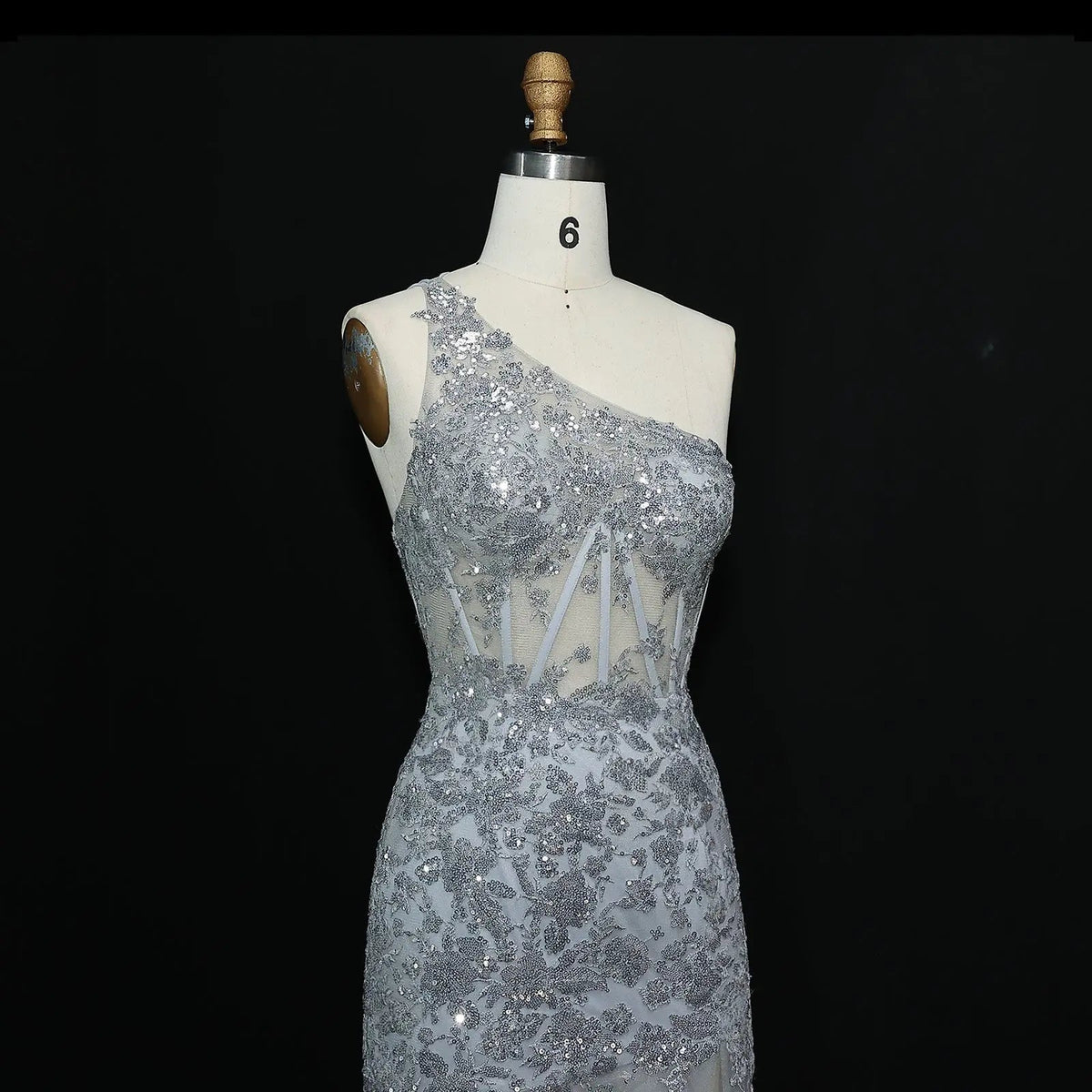 Luxury Gray One-Shoulder Beaded Tiered High-Slit Prom Dress SH152