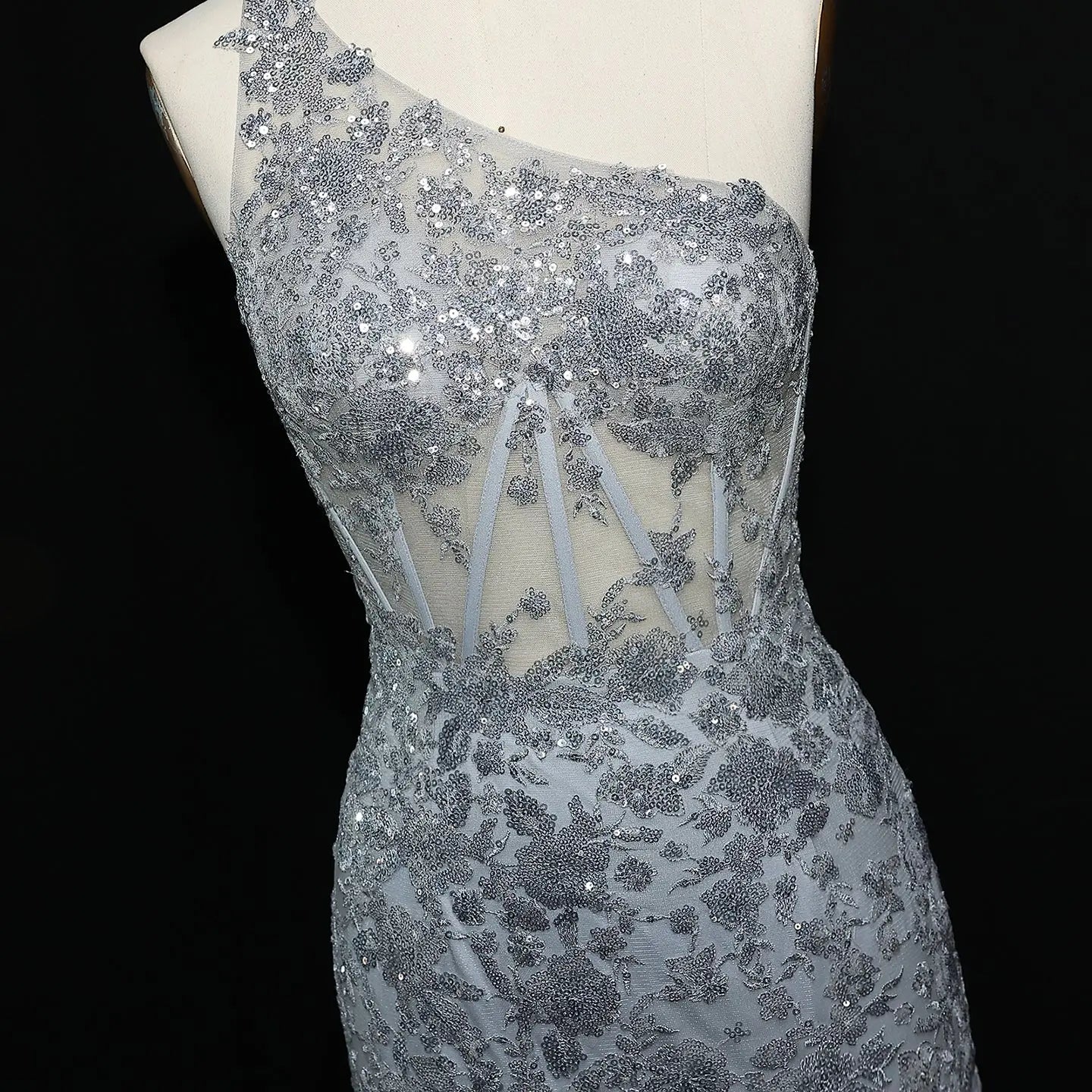 Luxury Gray One-Shoulder Beaded Tiered High-Slit Prom Dress SH152