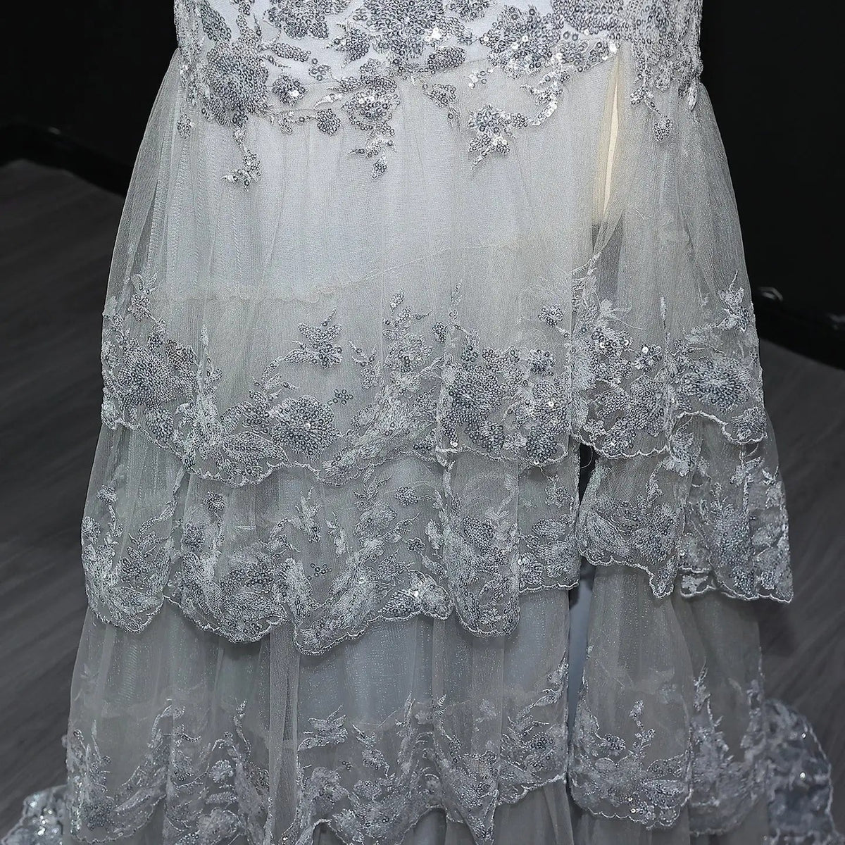 Luxury Gray One-Shoulder Beaded Tiered High-Slit Prom Dress SH152