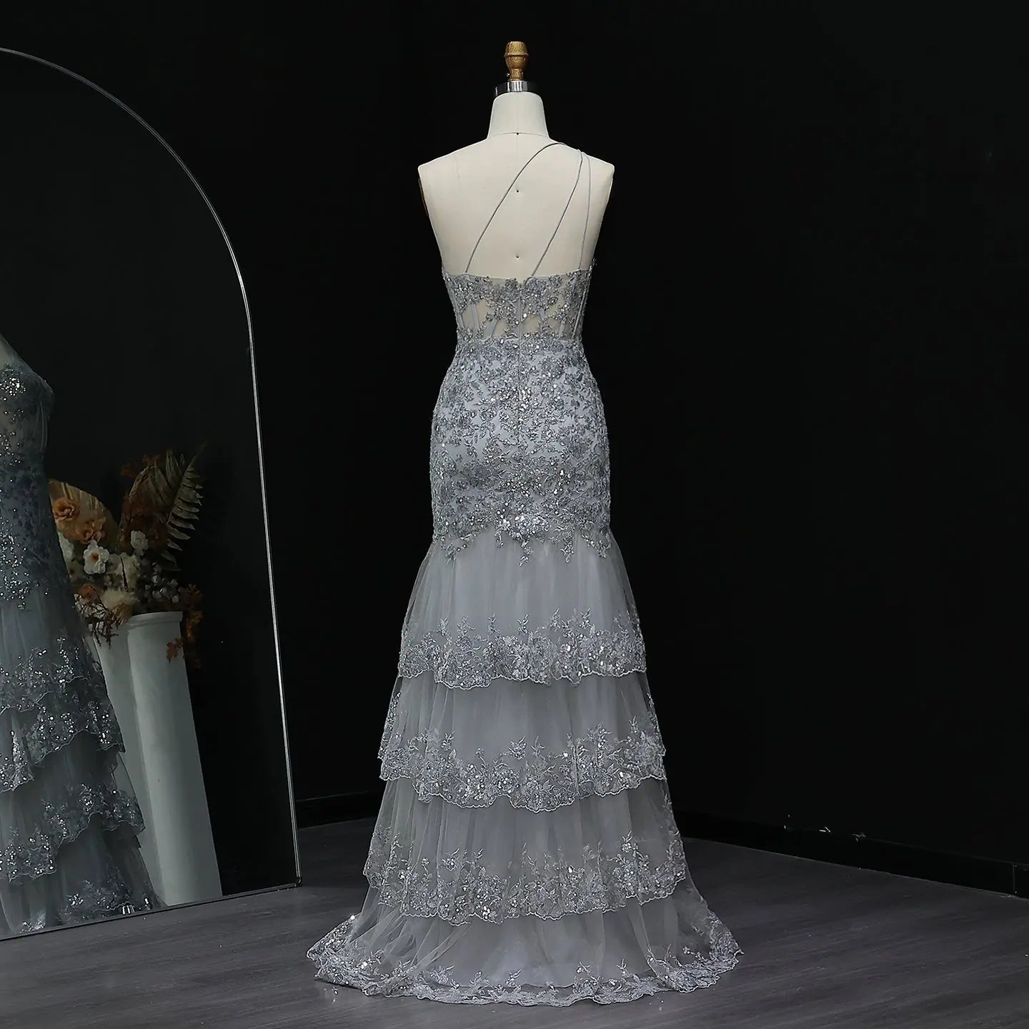 Luxury Gray One-Shoulder Beaded Tiered High-Slit Prom Dress SH152