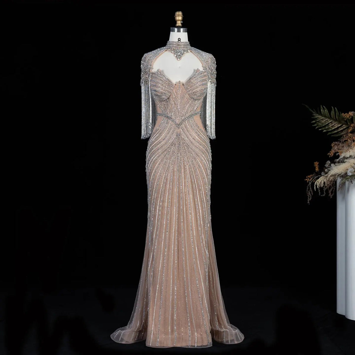 Pink Crystal Embellished Mermaid Gown with Shoulder Tassel Details SS067