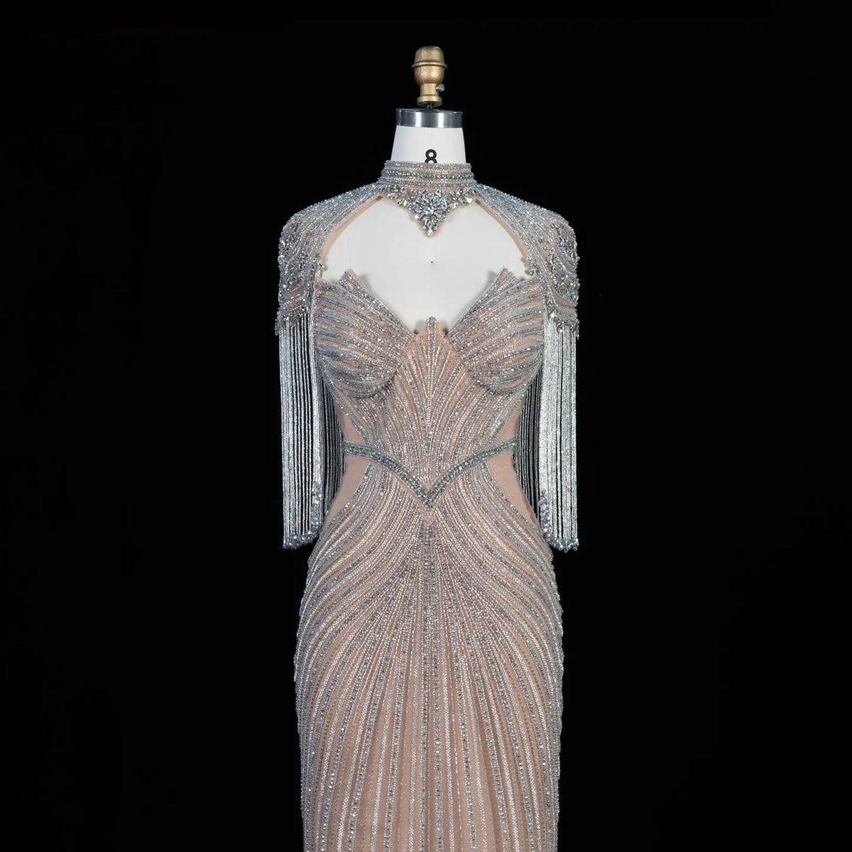 Pink Crystal Embellished Mermaid Gown with Shoulder Tassel Details SS067